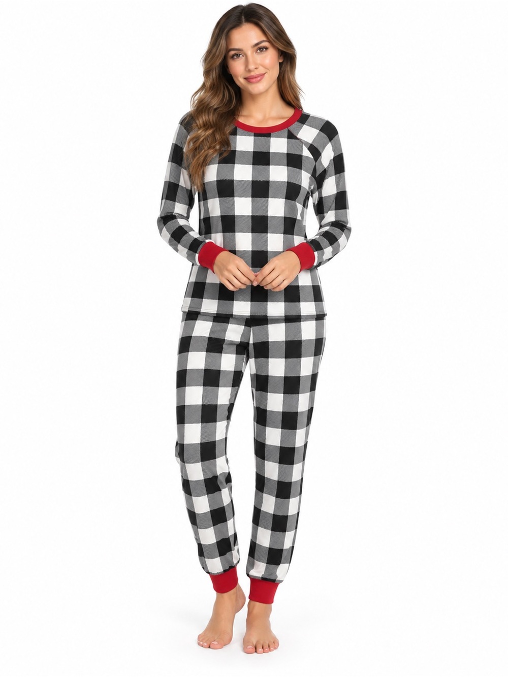 Black & White Buffalo Check women’s Pajama Set with Red Trim - 1083